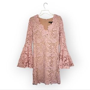 Julian Chang Nude Pink Lace Overlay Bell Sleeve Dress Size 8